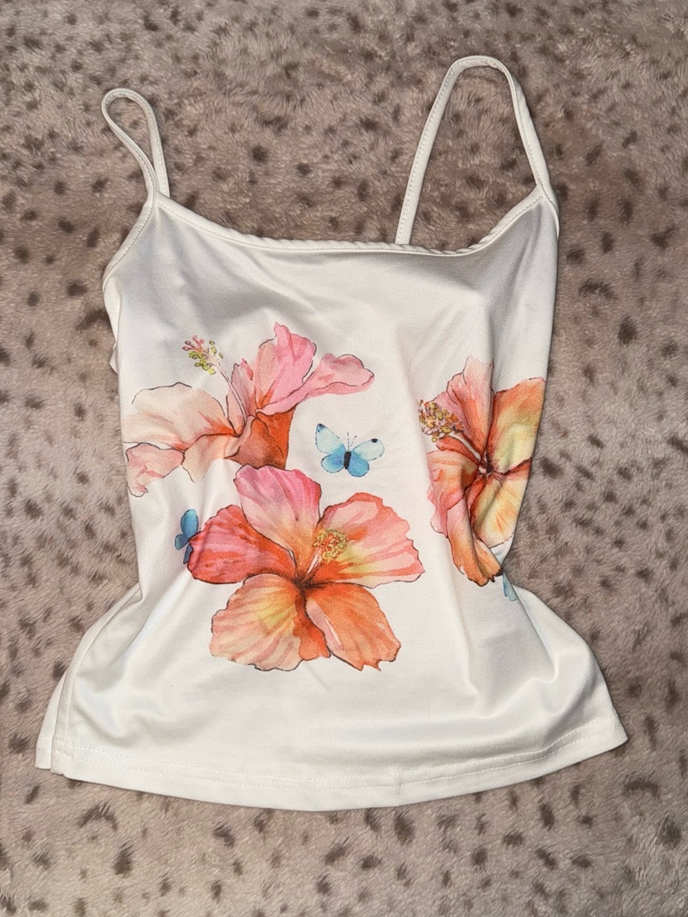 White Floral Spaghetti Strap Tank Top with Pink Orange Flowers